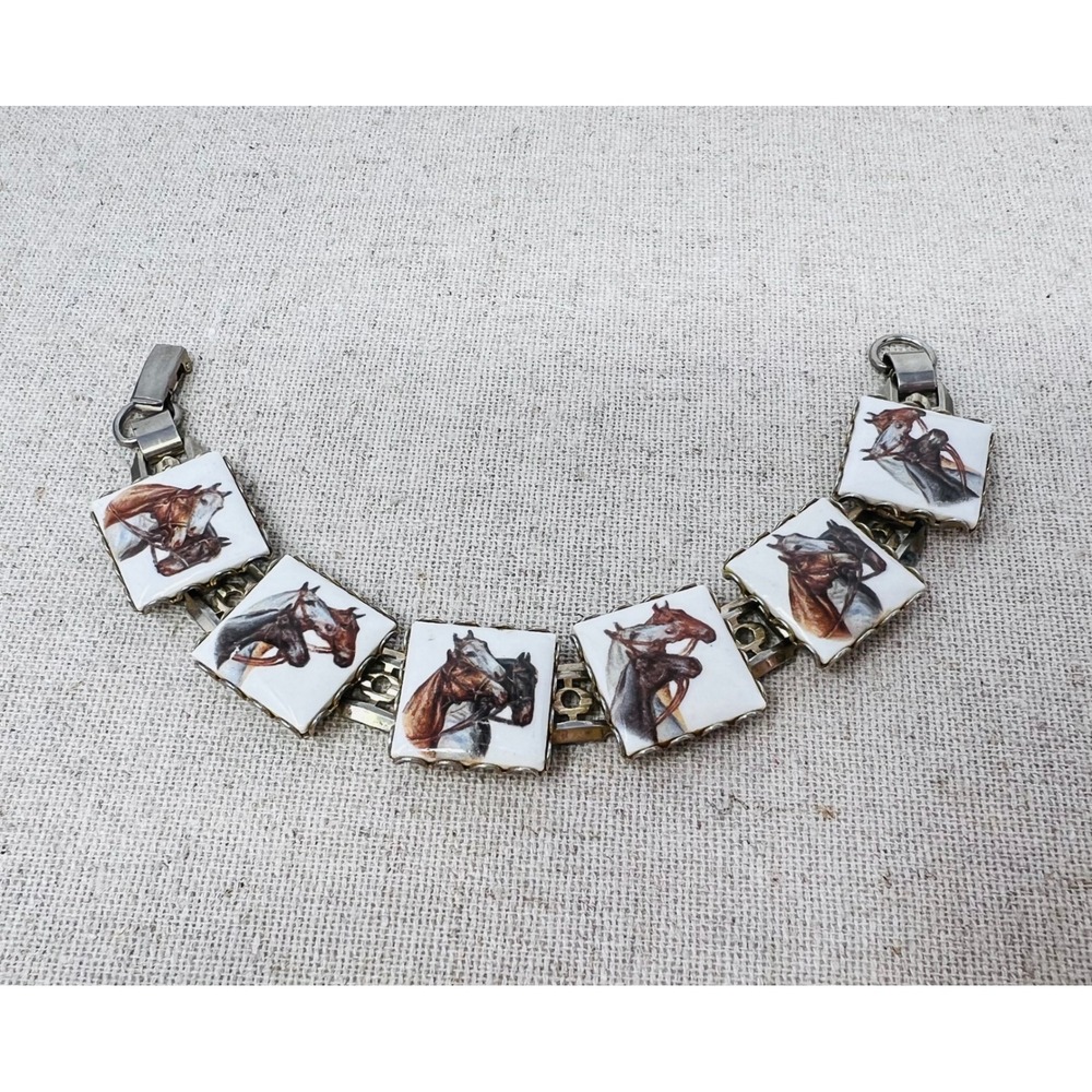 Vintage Equestrian Horse Portrait Porcelain Tile Link Bracelet Gold Tone 7.5in